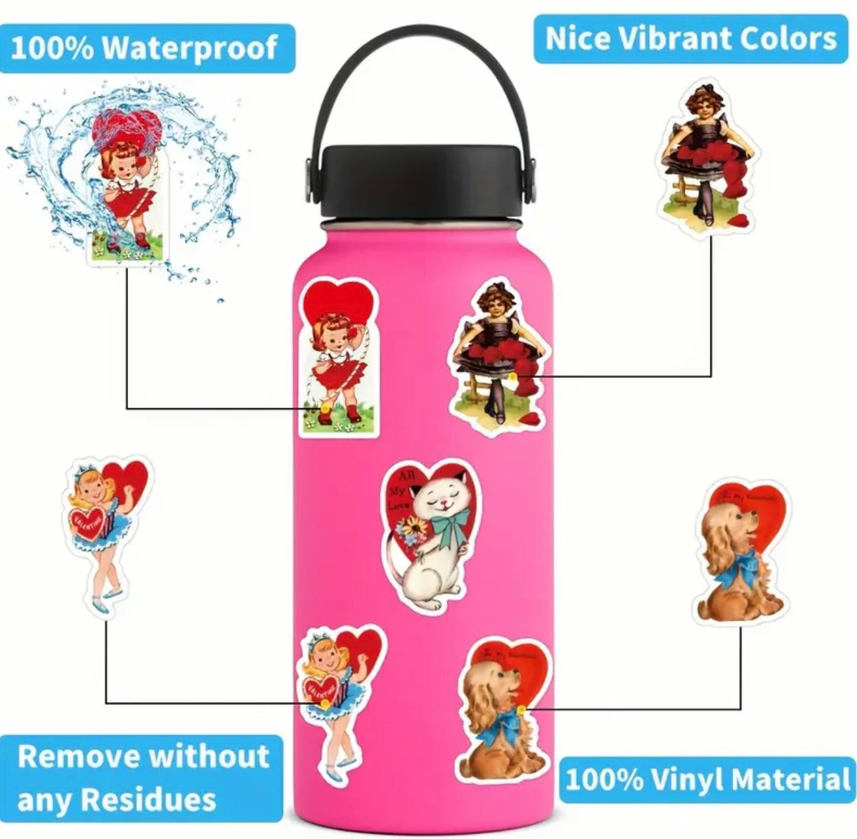 50 Pcs Retro Valentine Vinyl Stickers