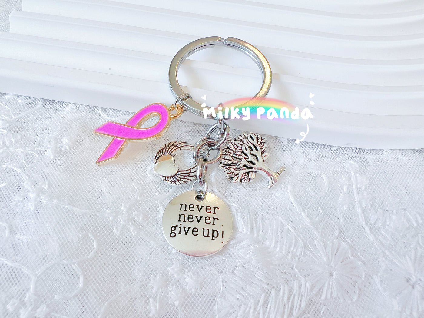 Never Give Up Pink Ribbon Keyring