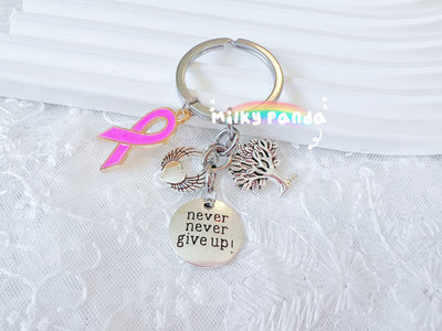 Never Give Up Pink Ribbon Keyring
