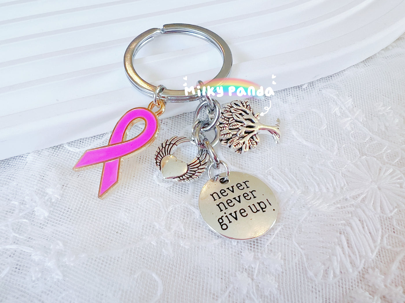 Never Give Up Pink Ribbon Keyring
