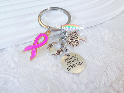 Never Give Up Pink Ribbon Keyring