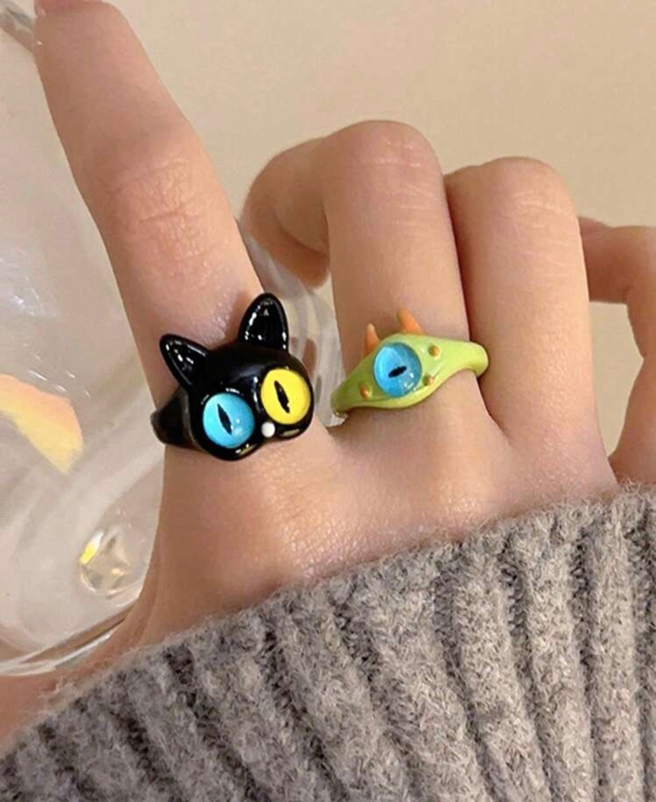 2 Pcs Cartoon Cat Rings