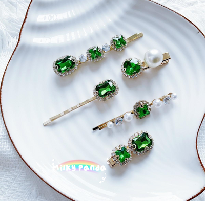 Emerald Rhinestone Hair Clips